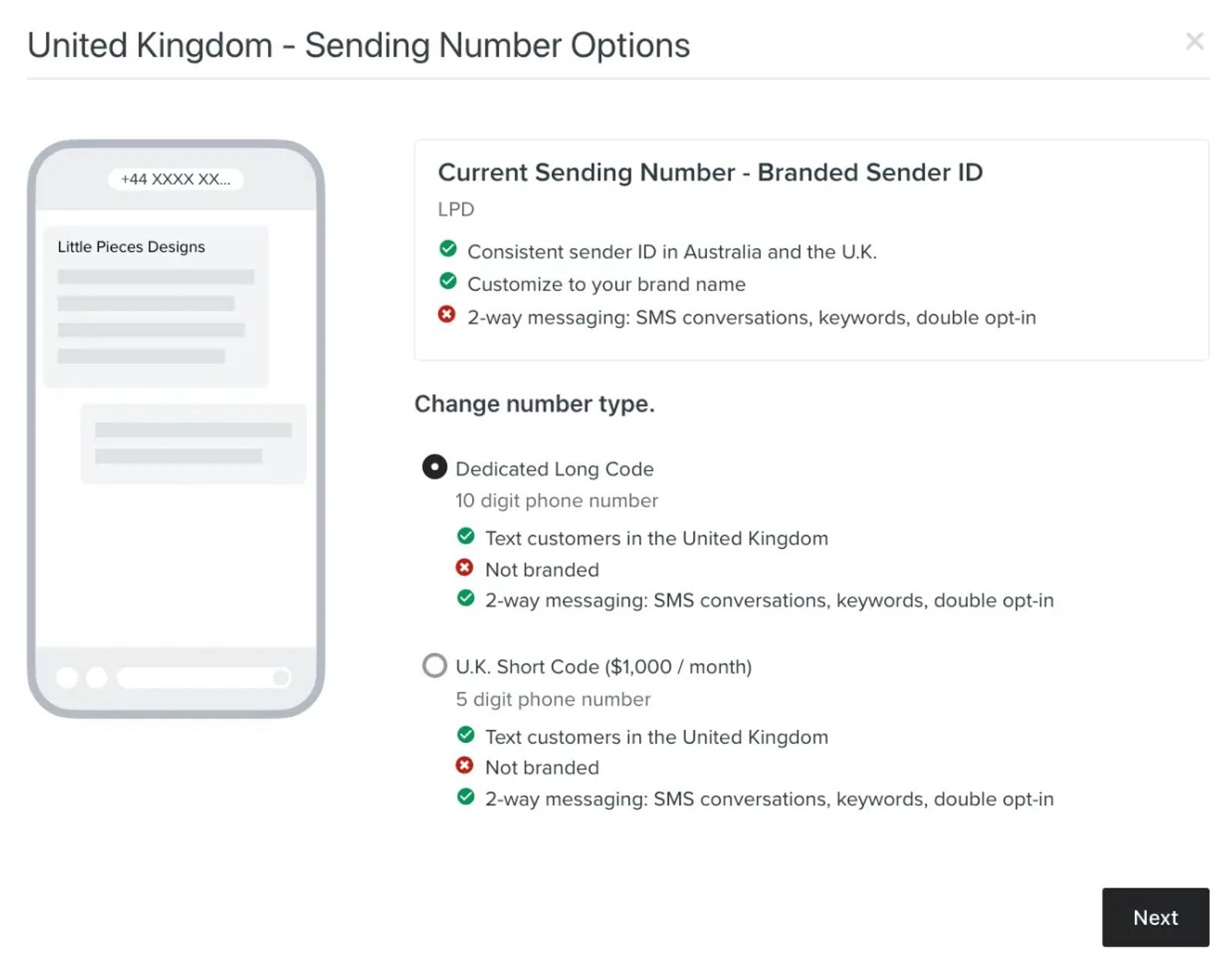 UK short code options for texting