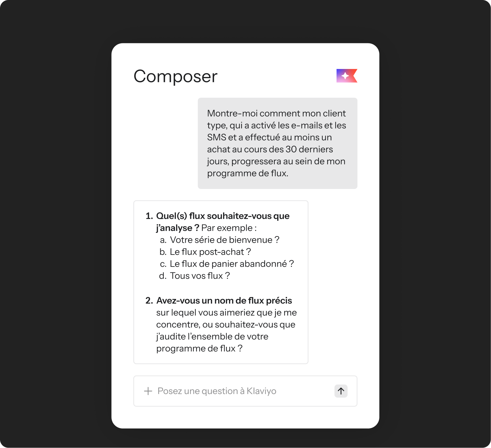 Klaviyo Composer AI interface showing a query about analyzing customer marketing flows, followed by refinement questions and a new input field.