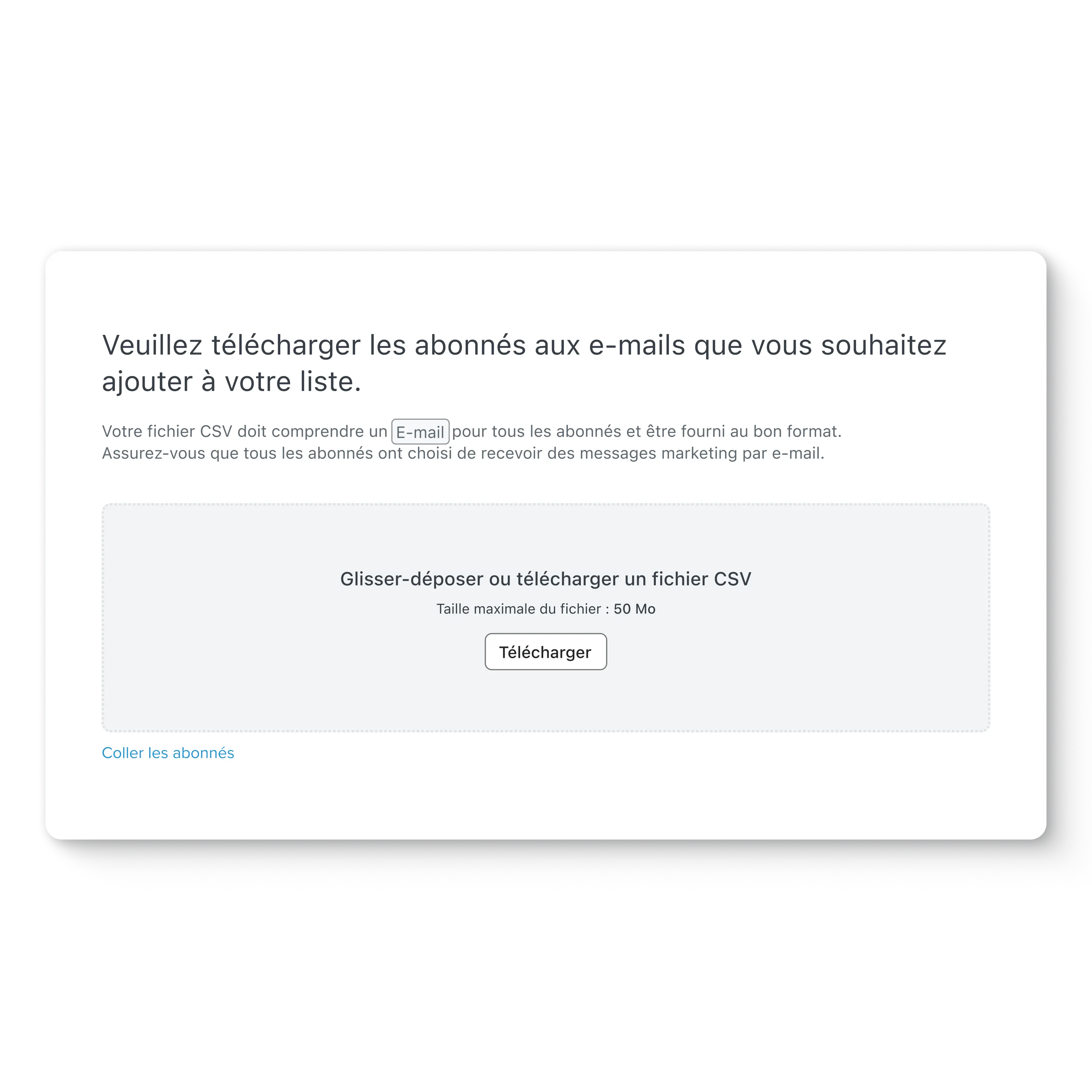 Klaviyo screen for importing your existing email subscriber list by uploading a CSV file.