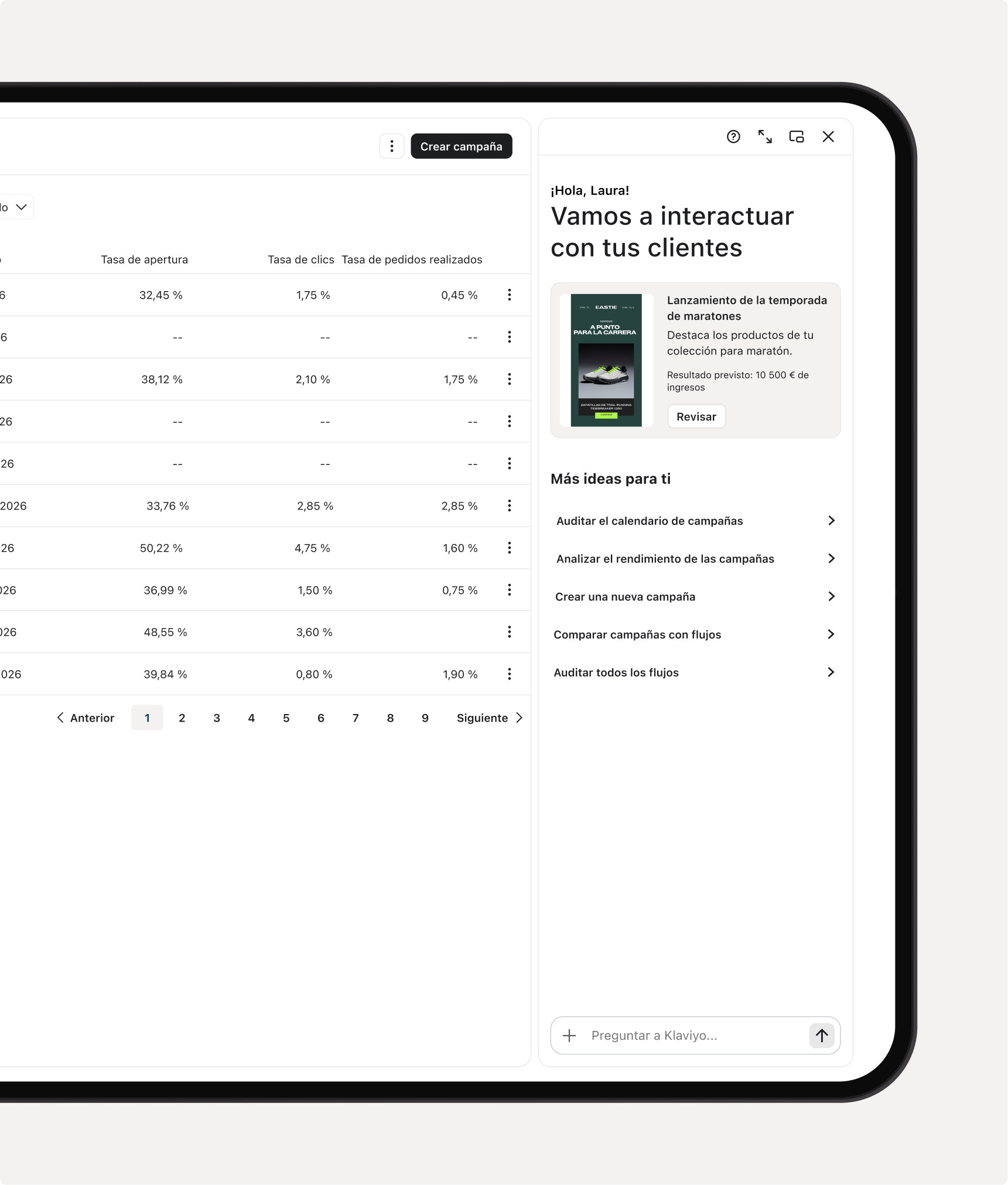 A tablet displaying a digital marketing dashboard with campaign performance data and customer interaction suggestions.
