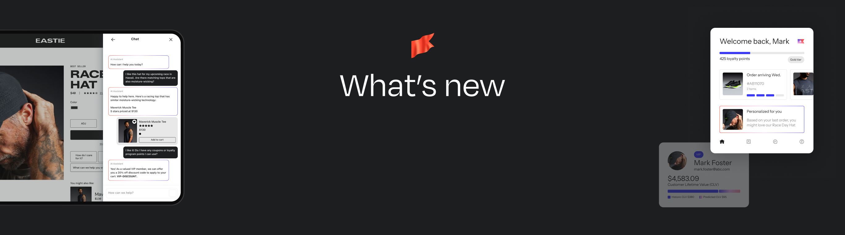 A central "What's new" banner with a red flag, flanked by examples of web and mobile app interfaces displaying product pages, chat, and user profiles.