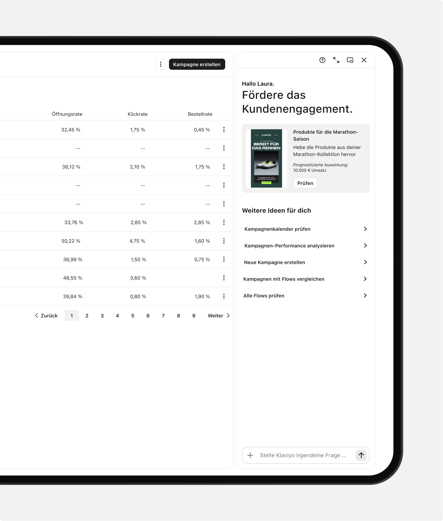 A tablet displays a German marketing dashboard with campaign performance metrics and suggested campaigns, including one for running shoes.