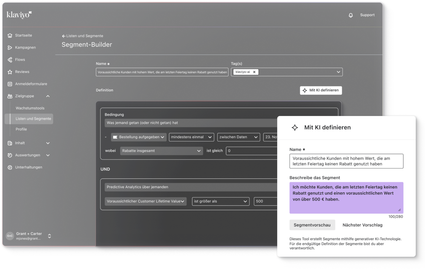 This screenshot shows the segment builder in Klaviyo, where a customer audience is being defined based on both behavior and predicted value: specifically, people who placed at least one order during a set period (like a holiday), used no discounts, and have a predicted customer lifetime value above 500, effectively creating a segment of high-value, full-price buyers who are likely to be especially profitable and ideal for targeted, premium marketing campaigns.