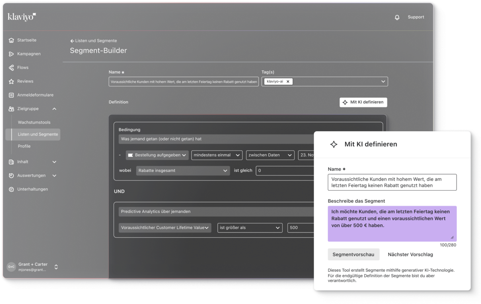 This screenshot shows the segment builder in Klaviyo, where a customer audience is being defined based on both behavior and predicted value: specifically, people who placed at least one order during a set period (like a holiday), used no discounts, and have a predicted customer lifetime value above 500, effectively creating a segment of high-value, full-price buyers who are likely to be especially profitable and ideal for targeted, premium marketing campaigns.