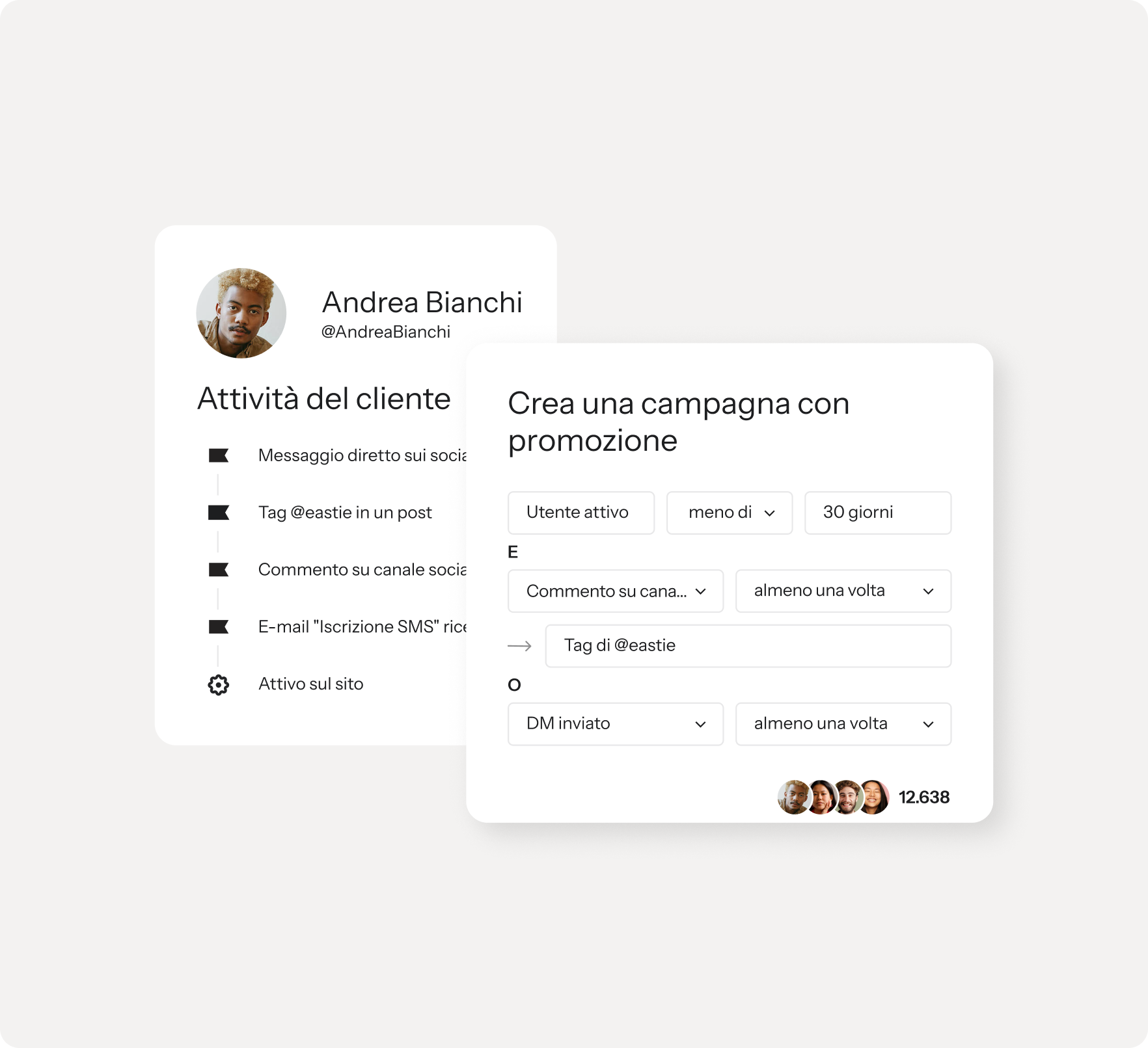 A software interface displaying a user's activity log and a promotional campaign setup form in Italian.