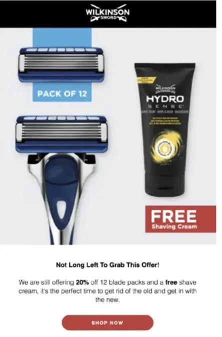 Wilkinson Sword razor pack with 12 blades and Hydro Sense shaving cream offer. Text: "20% off 12 blade packs and free shave cream".