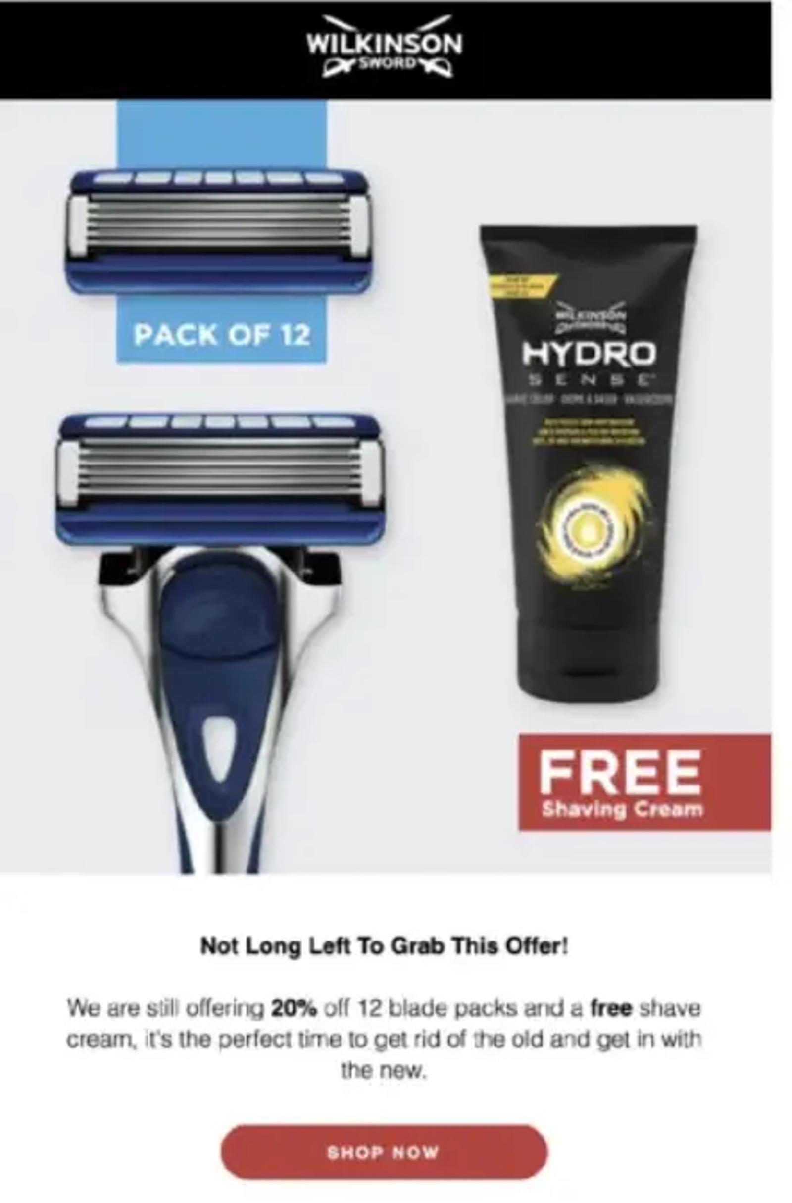 Wilkinson Sword razor pack with 12 blades and Hydro Sense shaving cream offer. Text: "20% off 12 blade packs and free shave cream".