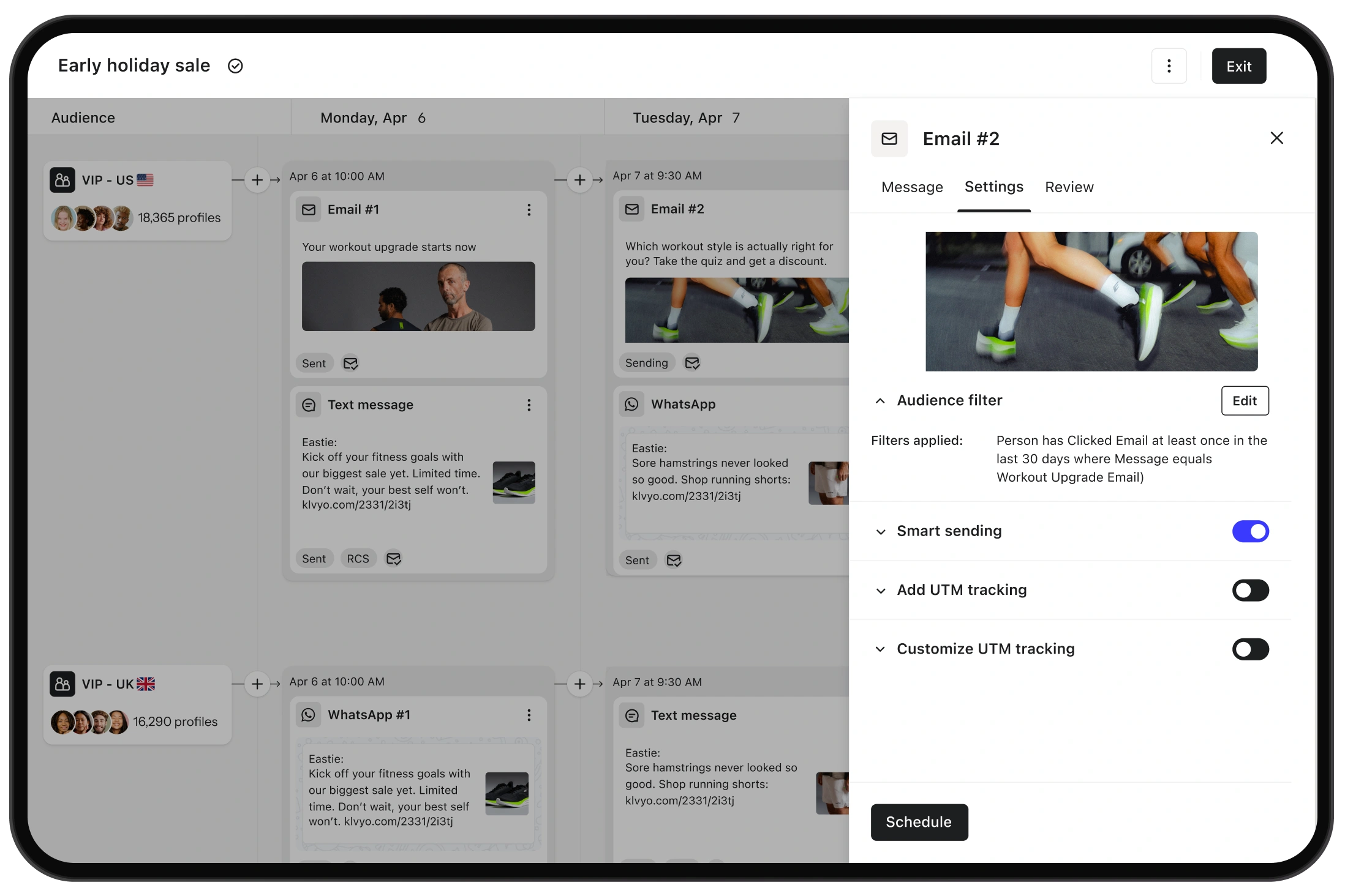 Marketing campaign scheduler with Email #2 settings, audience filters, smart sending, and UTM tracking options.
