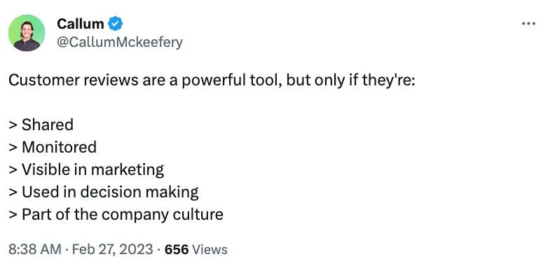 tweet from callum mckeefery about customer reviews