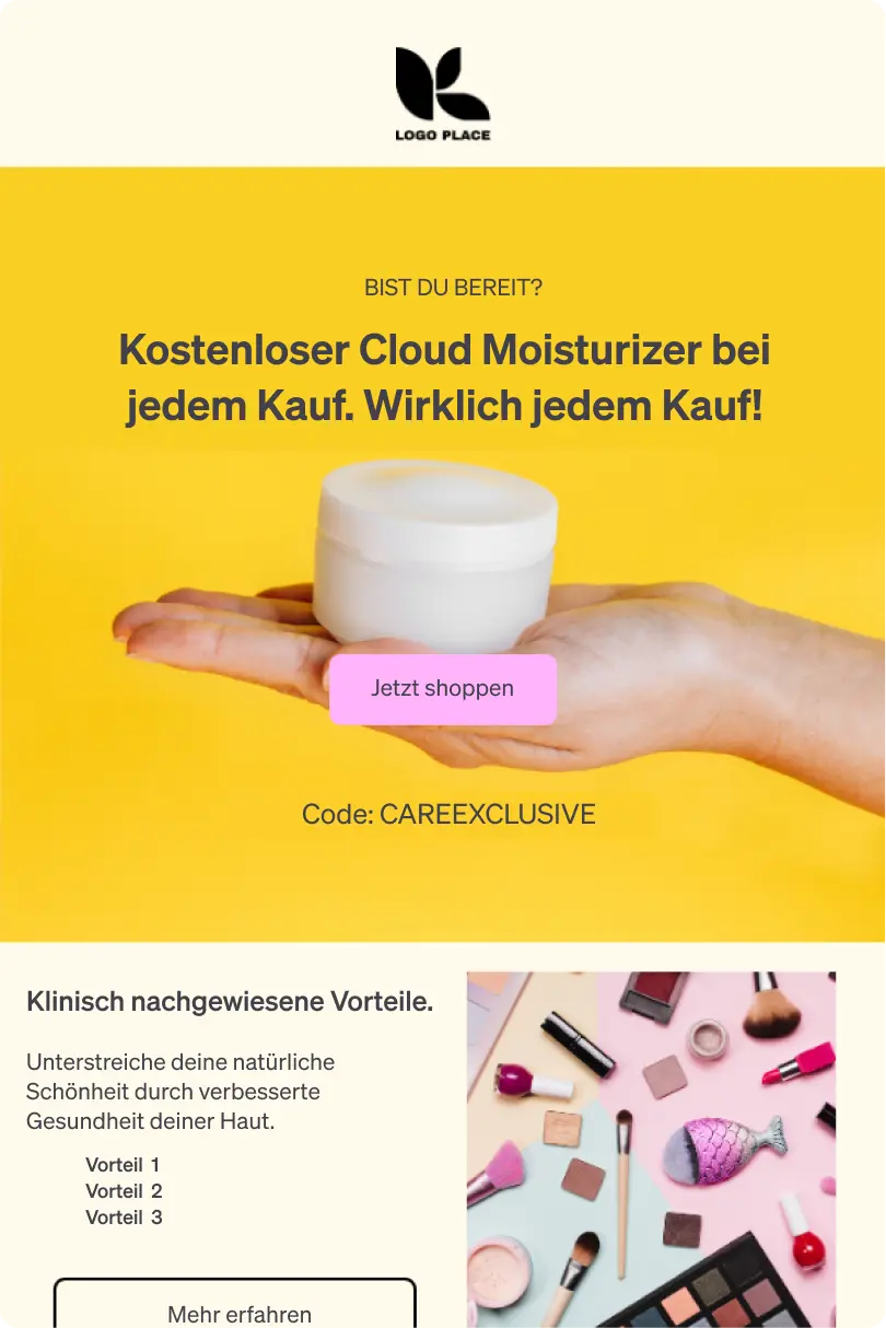 Kostenloser Cloud Moisturizer bei jedem Kauf. Hand hält Cremedose. Code: CAREEXCLUSIVE. Kosmetikartikel abgebildet.