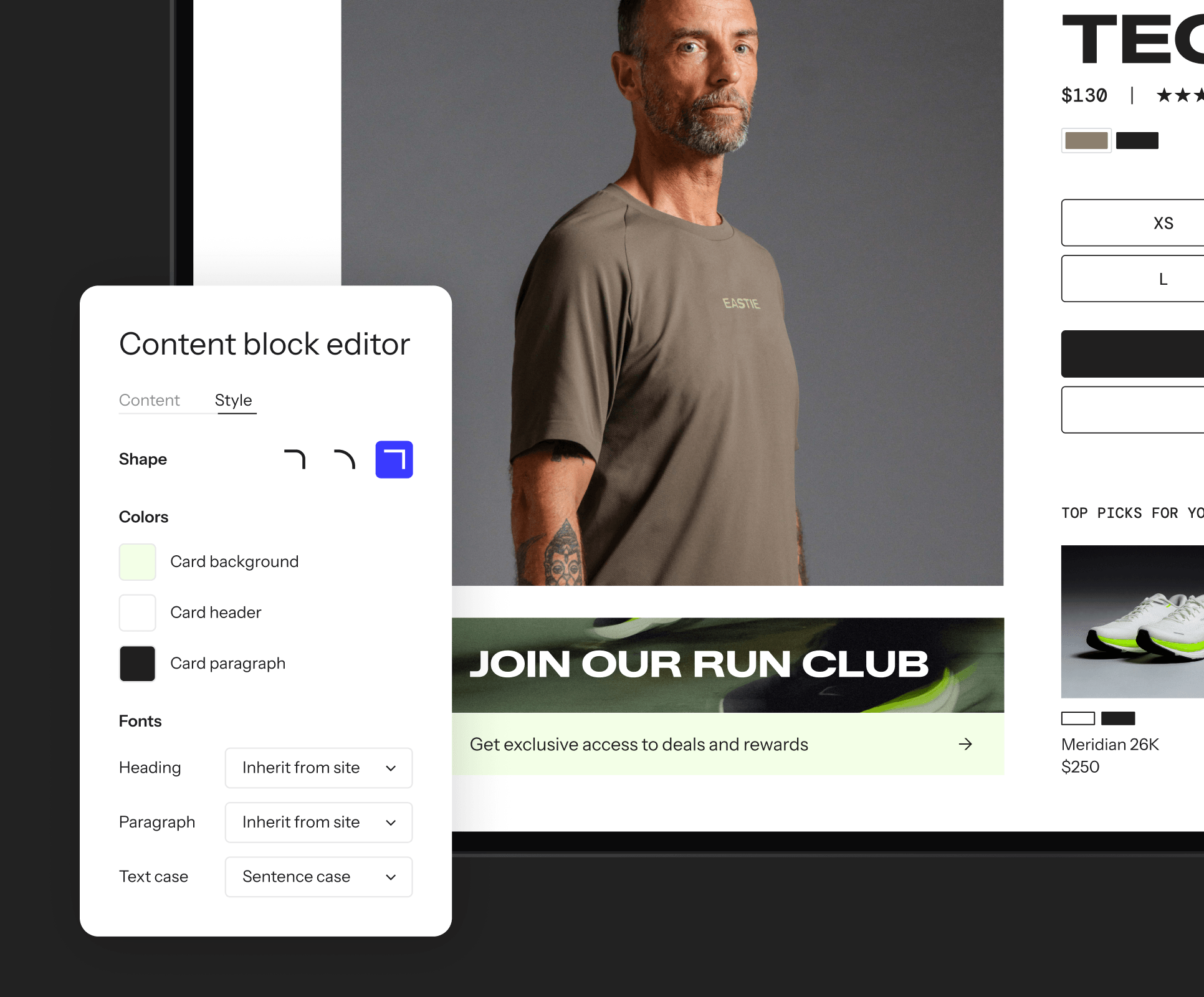 A website content block editor with style options for shape, colors, and fonts is open over a product page displaying a man in a t-shirt.