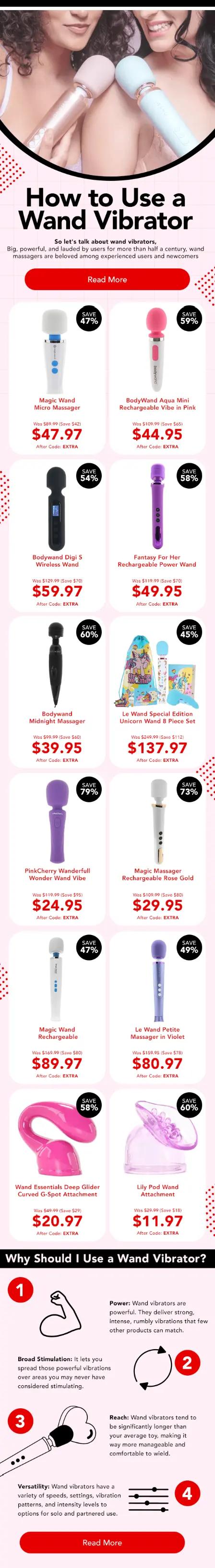 Image shows the bottom half of two faces and each person is holding a vibrator. The email features about a dozen types of vibrators, each with an image, name, and price. Underneath is a list of benefits to using a vibrator, with black hand-drawn images that demonstrate each reason.