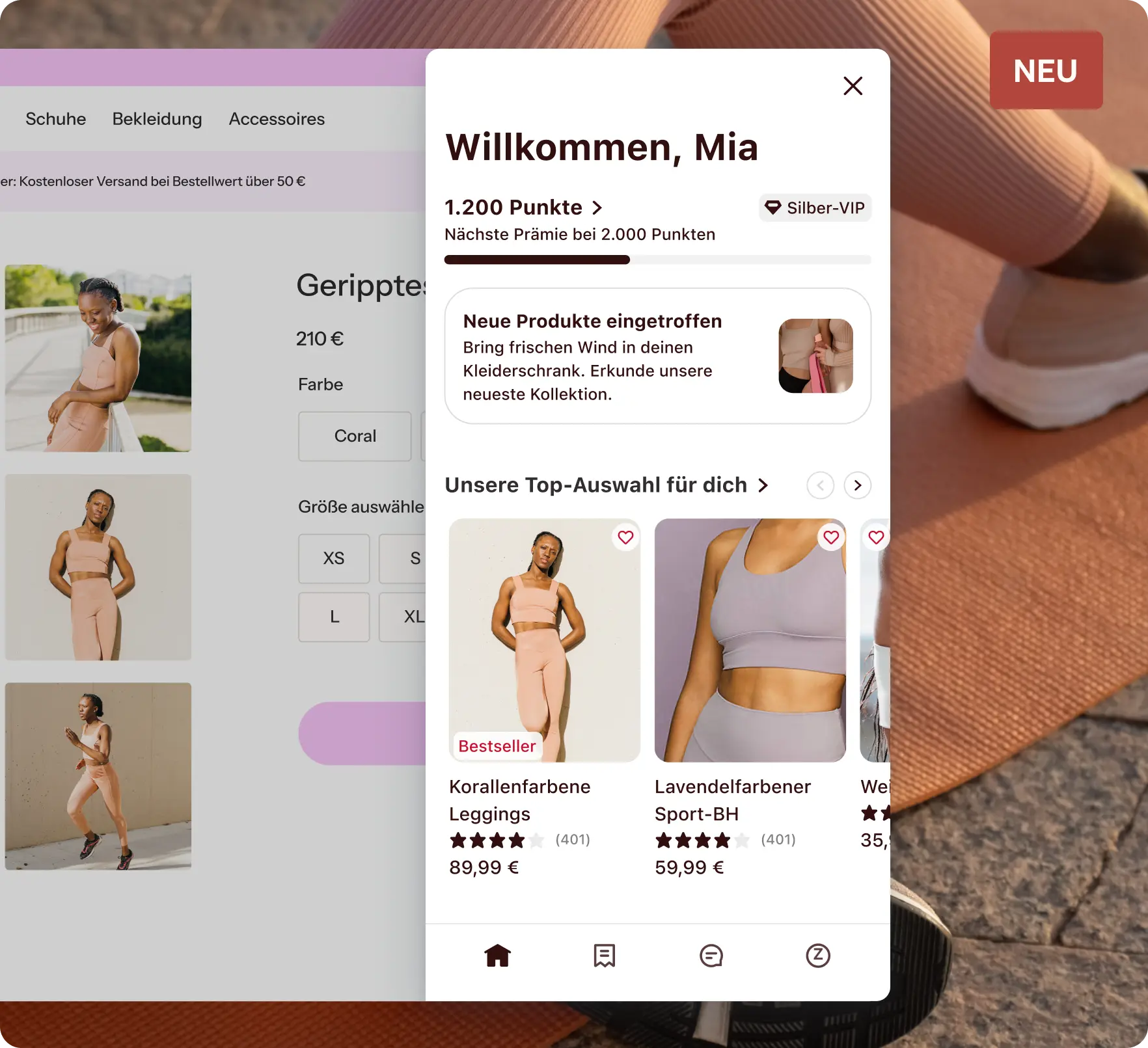 Die Benutzeroberfläche der Shopping-App zeigt eine Willkommensnachricht für Mia, 1.200 Punkte und ausgewählte Produkte wie korallenfarbene Leggings und einen lavendelfarbenen Sport-BH.