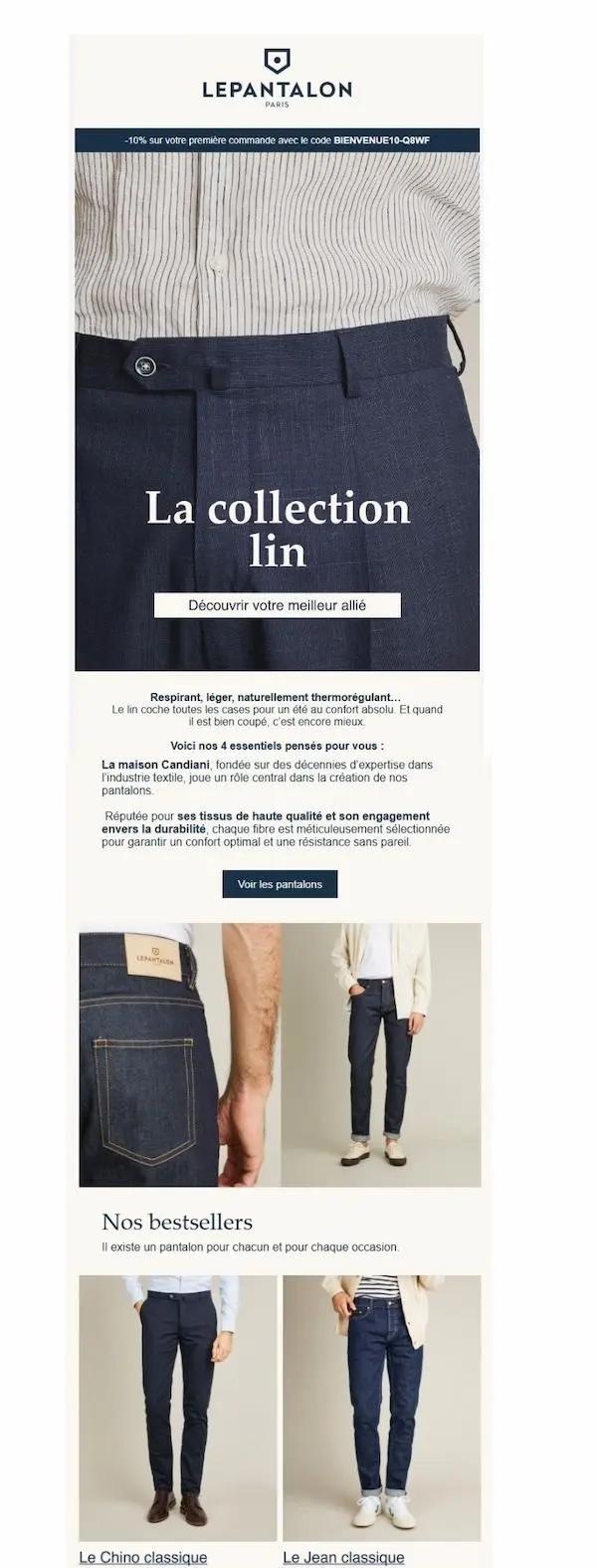 Email promotionnel pour "LePantalon" présentant la collection de pantalons en lin, avec des images de pantalons et des descriptions.