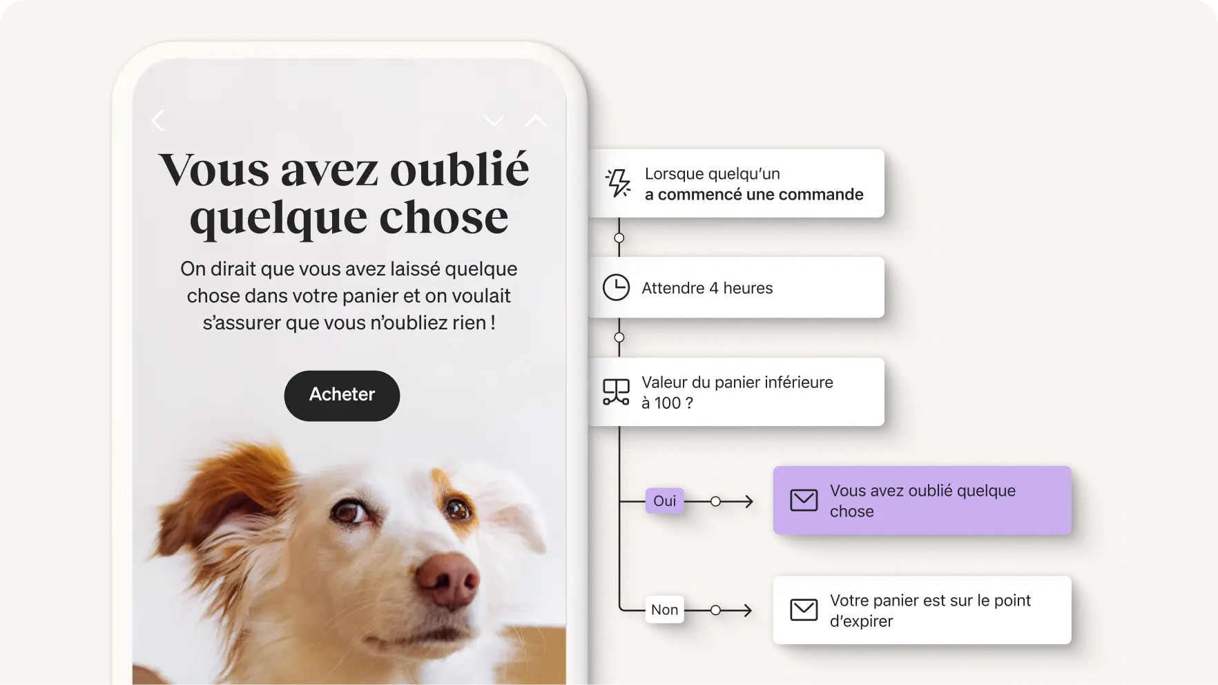 Flux d’e-mail de panier abandonné montrant une relance automatisée déclenchée après le début d’une commande, avec conditions de délai et de valeur du panier.