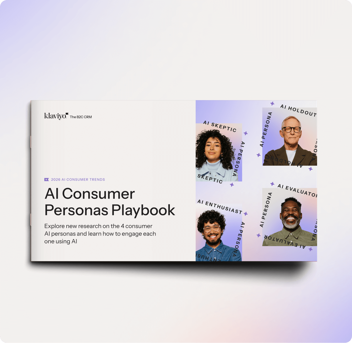Klaviyo's "AI Consumer Personas Playbook" showing title page and four AI persona images: Skeptic, Holdout, Enthusiast, and Evaluator.