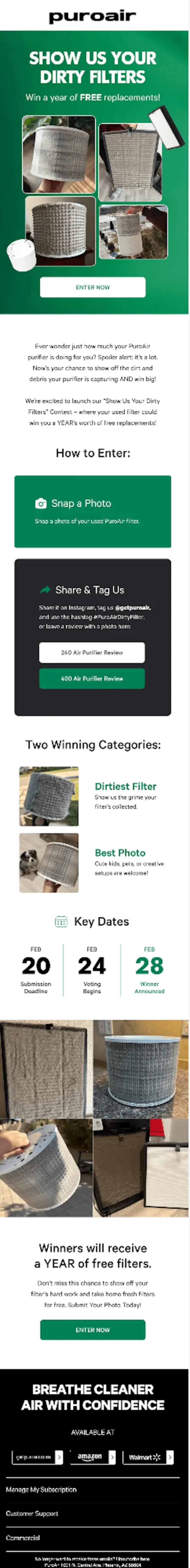 Image shows a marketing email from air purifier brand Puro Air. The design includes education and user-generated content.