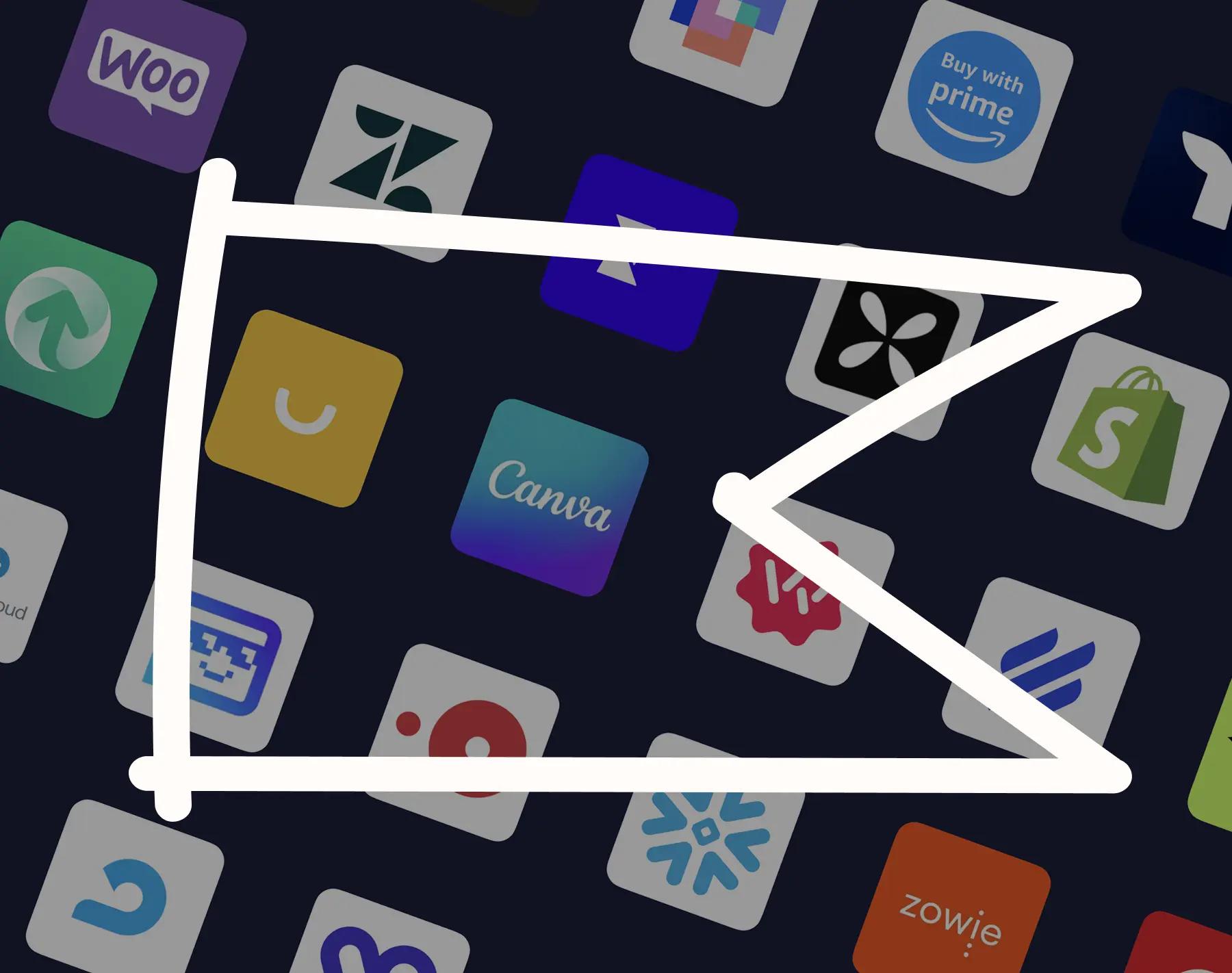 Various app logos, including Canva and Shopify, displayed on a dark background with a white geometric overlay.