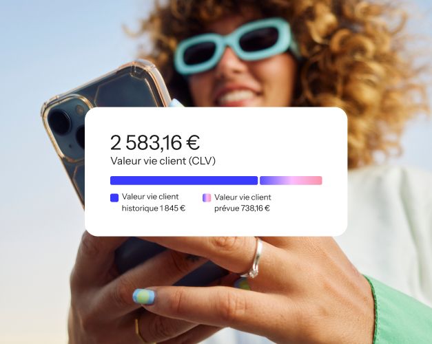 Woman using a smartphone with a $2,583.16 customer lifetime value graphic overlaid