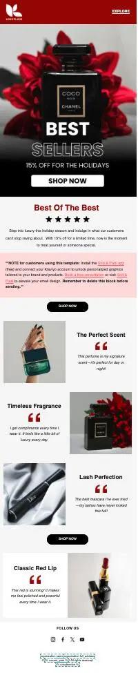Newsletter mit Weihnachtsangeboten: Chanel-Parfümflasche mit roten Blumen, Text "Best Sellers", 15% Rabatt. Weitere Produkte: Parfüm, Mascara, Lippenstift.