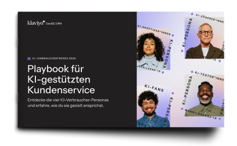 Klaviyo's "Playbook for AI-powered Customer Service" showing four diverse AI consumer personas: Skeptics, Hesitators, Fans, and Testers.