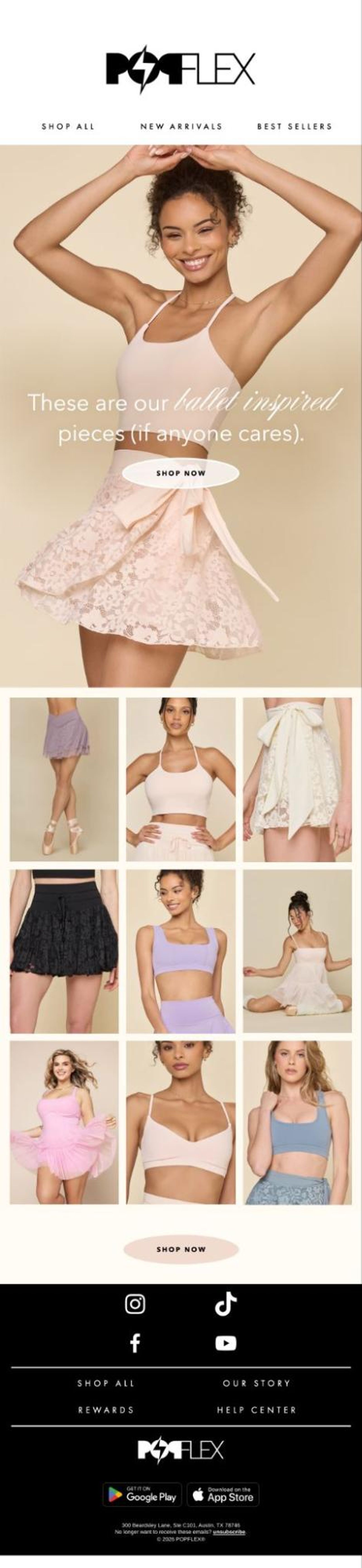 POPFLEX email promoting ballet-inspired activewear, featuring a smiling woman in a pink crop top and lace skirt, with a grid of other dancewear items.