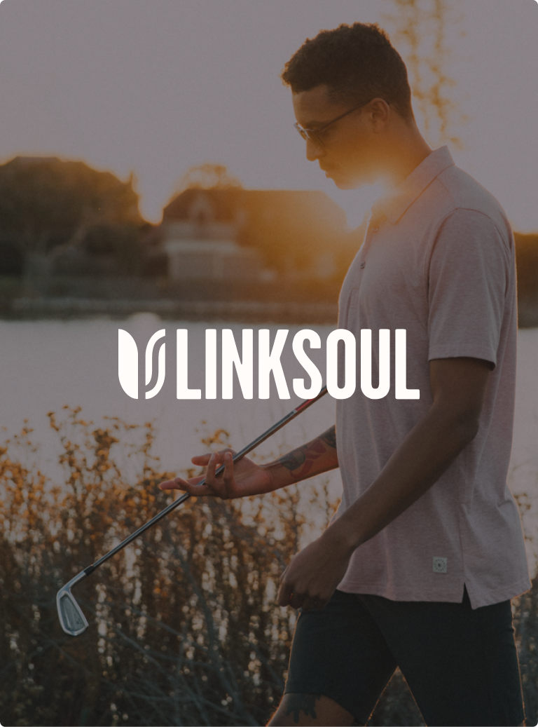 A man walking by a lake with a golf club at sunset, overlaid with the Linksoul logo.