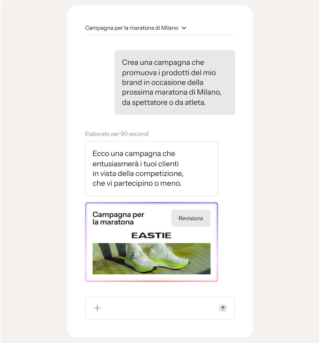 An AI interface generating a Boston Marathon marketing campaign featuring Eastie running shoes.