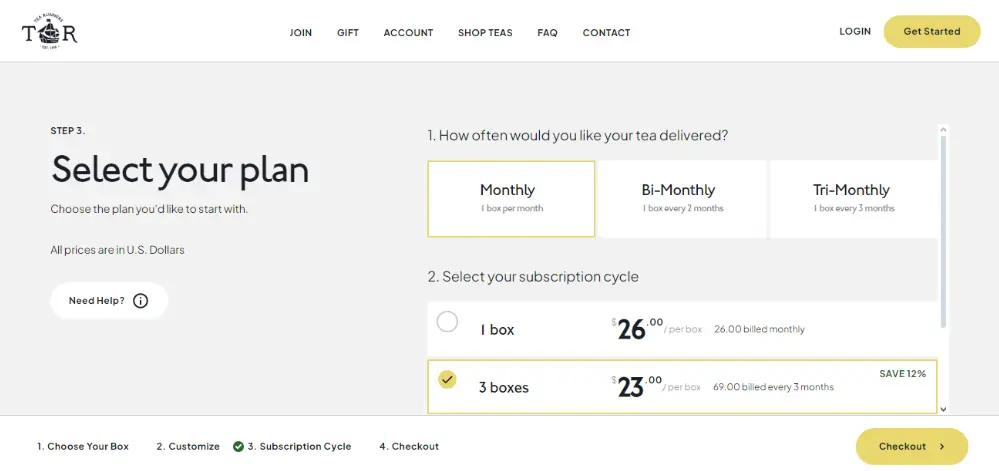 Image shows a screenshot from the Tea Runners website, on the page where customers can sign up for a subscription plan. The copy on the page reads, “Select your plan,” and shoppers can choose between monthly, bi-monthly, and tri-monthly options, as well as how many boxes they want in each shipment.