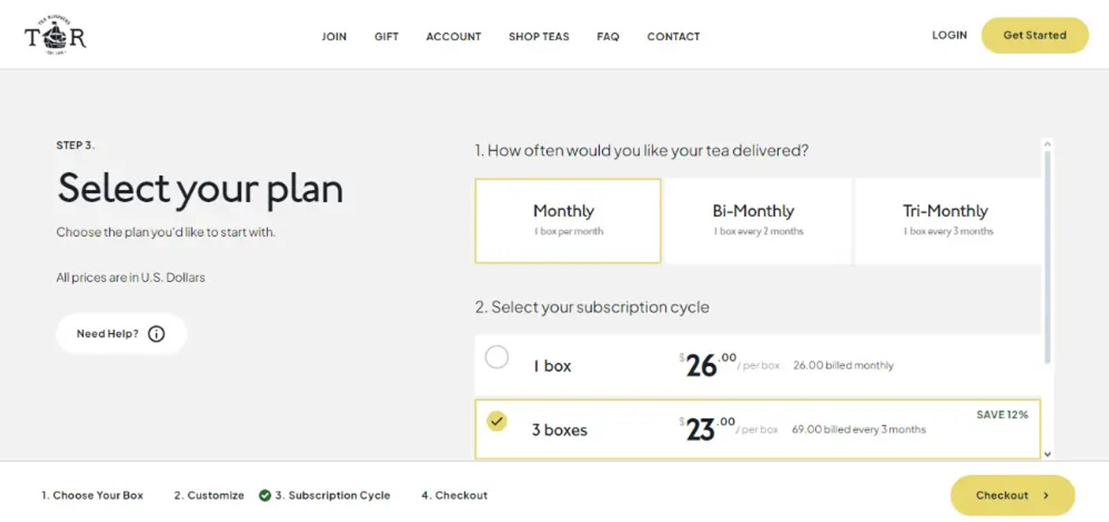 Image shows a screenshot from the Tea Runners website, on the page where customers can sign up for a subscription plan. The copy on the page reads, “Select your plan,” and shoppers can choose between monthly, bi-monthly, and tri-monthly options, as well as how many boxes they want in each shipment.