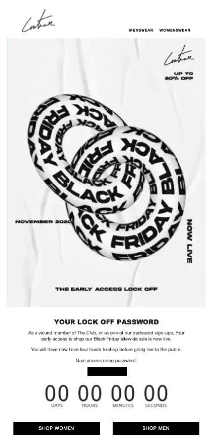 Black Friday early access promotion with interlocking rings featuring "Black Friday" text. Includes countdown timer and shop buttons.