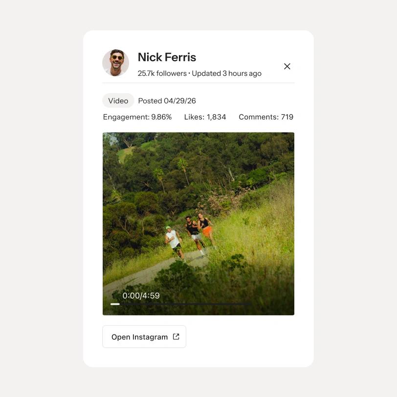 Social media analytics card showing three people running on a lush hillside trail.