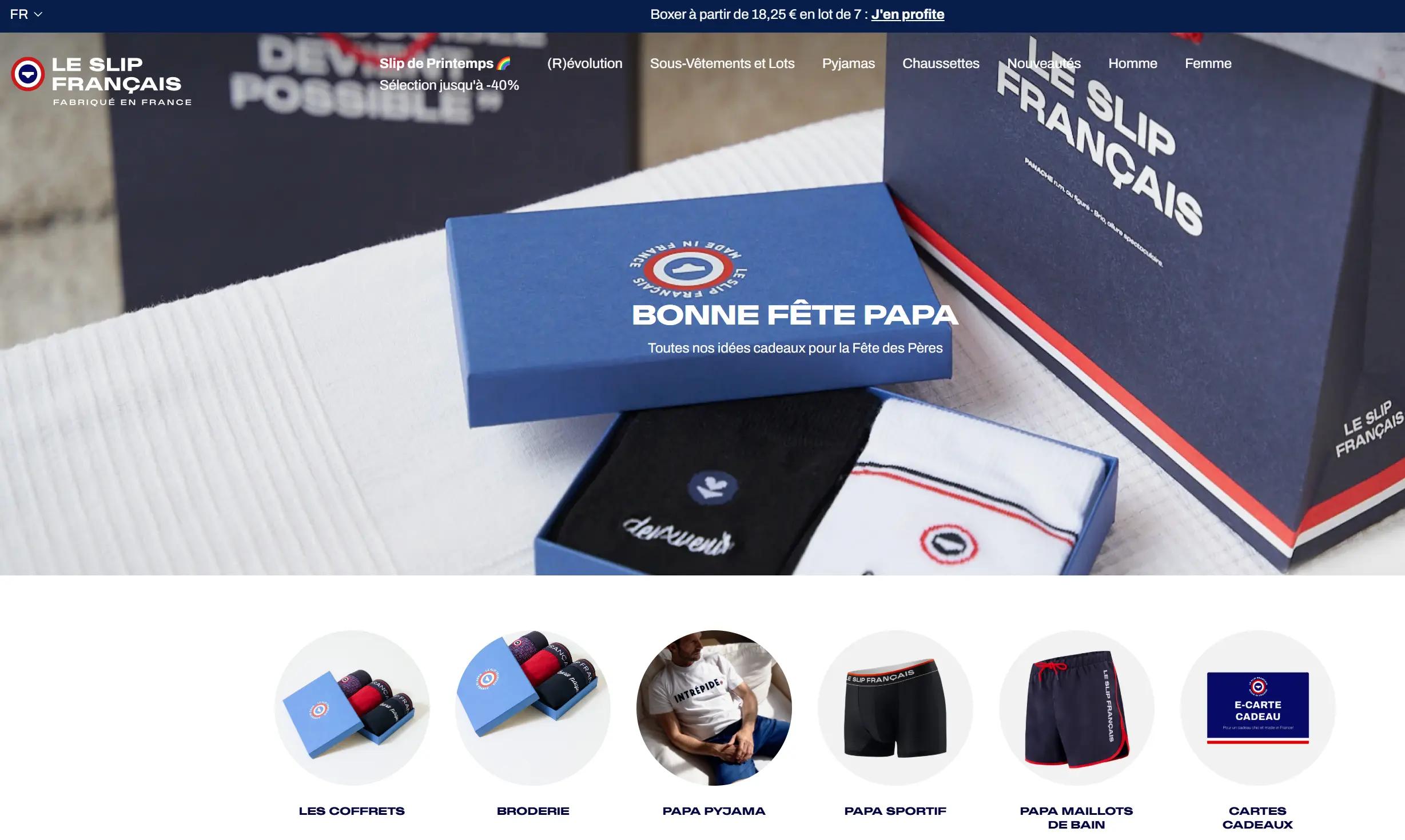 Page d’accueil Fête des Pères du Slip Français mettant en avant des coffrets cadeaux personnalisés : broderie, pyjama, papa sportif, maillot de bain et e-carte cadeau, avec une mise en scène soignée et packaging tricolore.