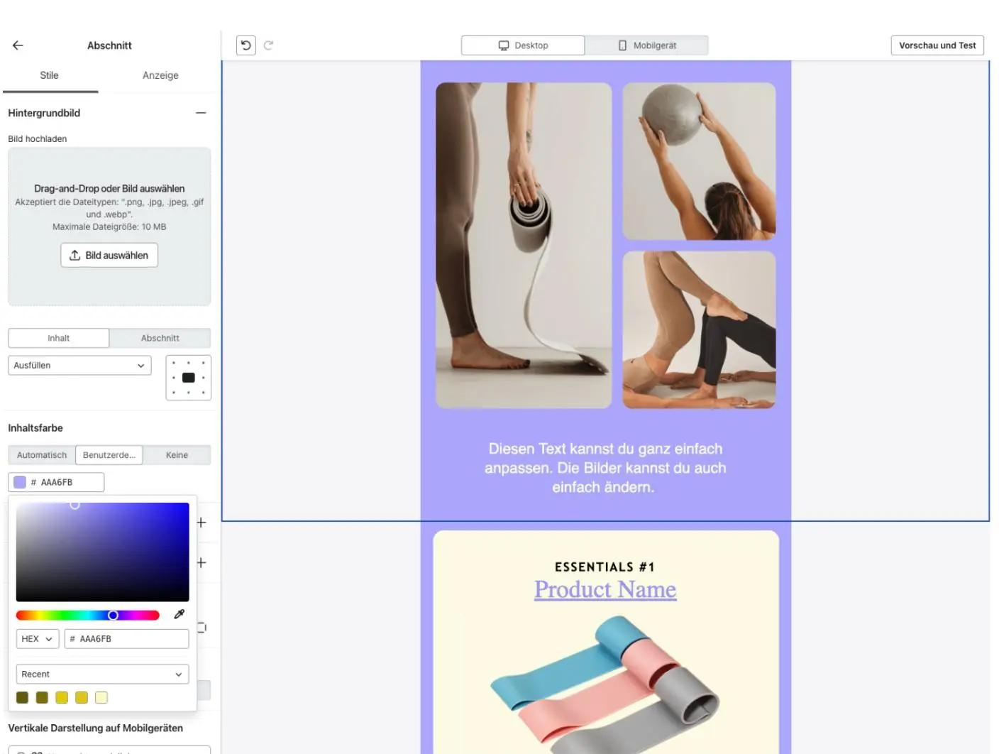 Bearbeitungsoberfläche eines Newsletter-Editors mit Bildern von Yoga-Übungen und Textanpassungsoptionen.