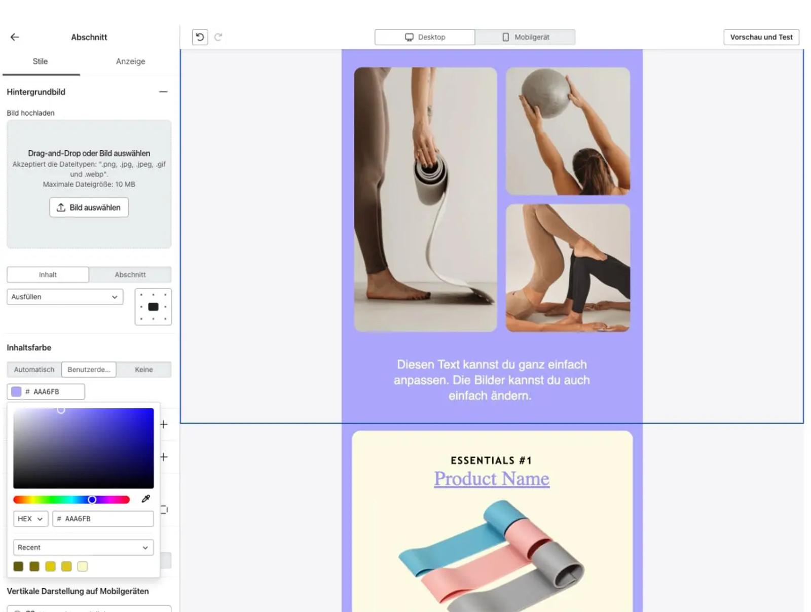 Bearbeitungsoberfläche eines Newsletter-Editors mit Bildern von Yoga-Übungen und Textanpassungsoptionen.