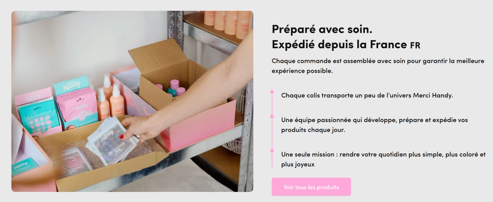 Hands packing colorful beauty products into a shipping box.