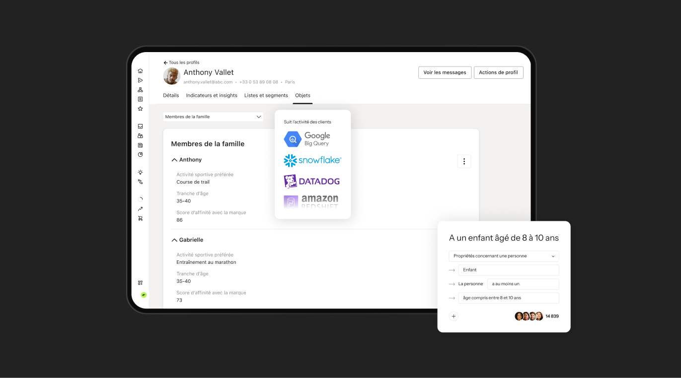 A customer data platform interface displaying a user profile with family details and integrations with Google BigQuery, Snowflake, Datadog, and Amazon.