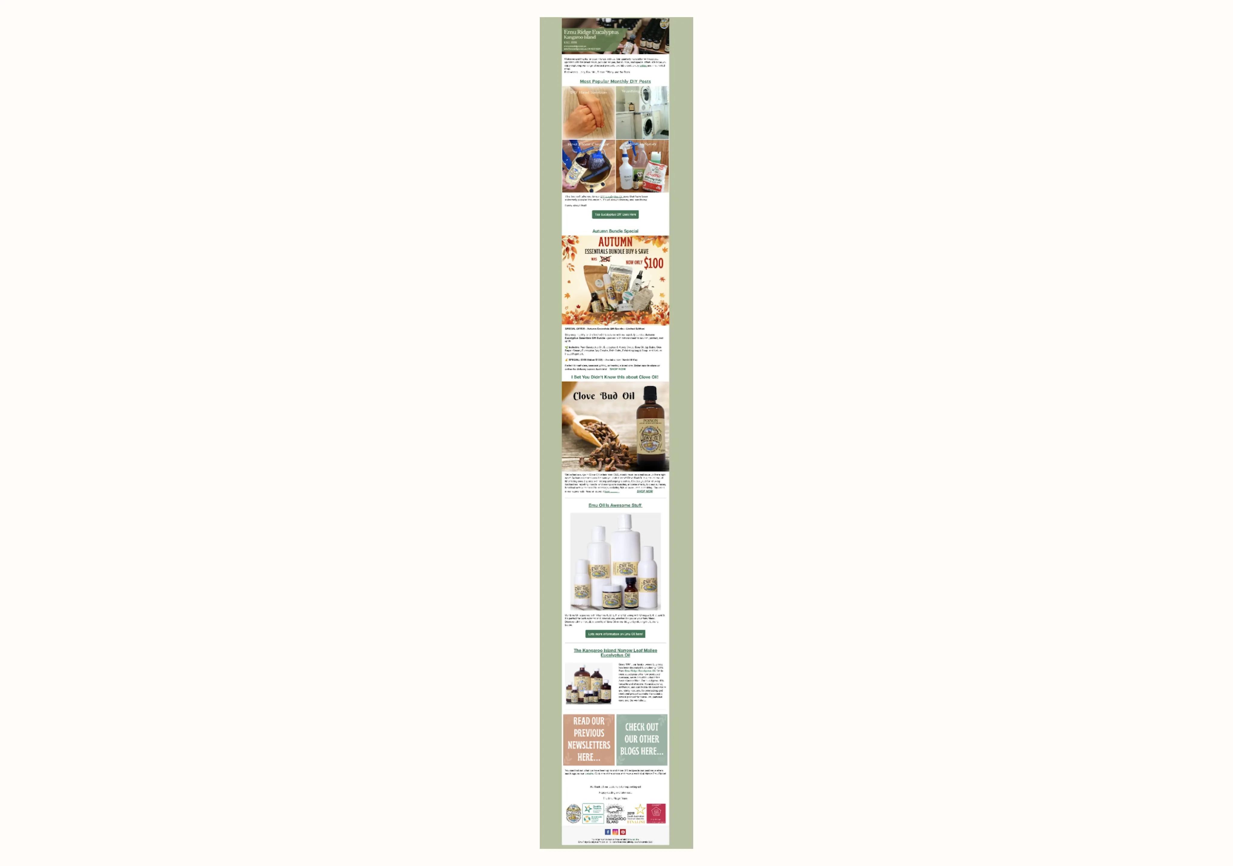 Image shows an email newsletter from Australian oil distillery Emu Ridge, which includes educational content about making DIY cleaning products with their essential oil, a deal for one of their seasonal bundles, and an offer for one of their new products.