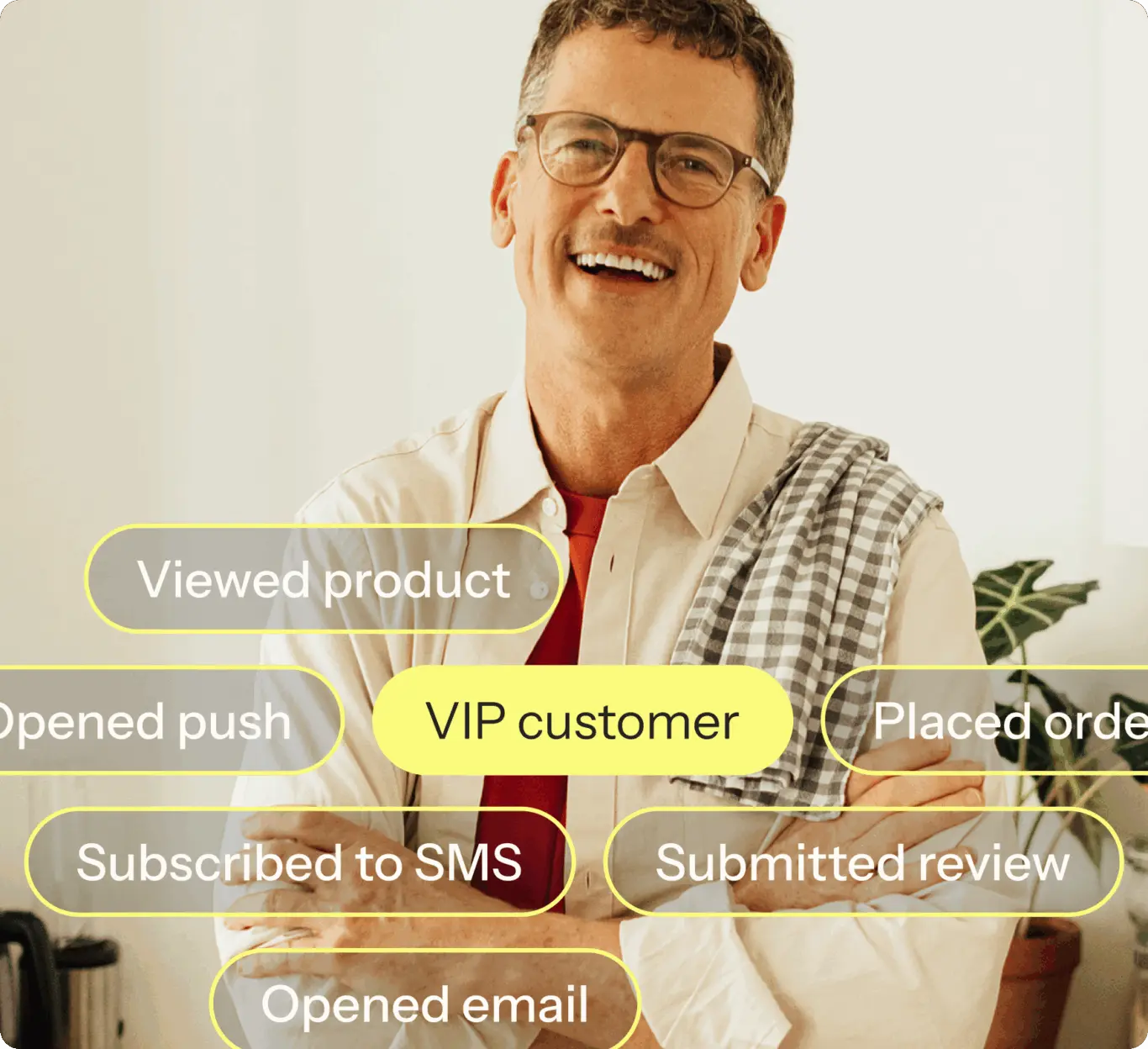 Smiling person with glasses, surrounded by marketing terms like "VIP customer," "Viewed product," and "Placed order.
