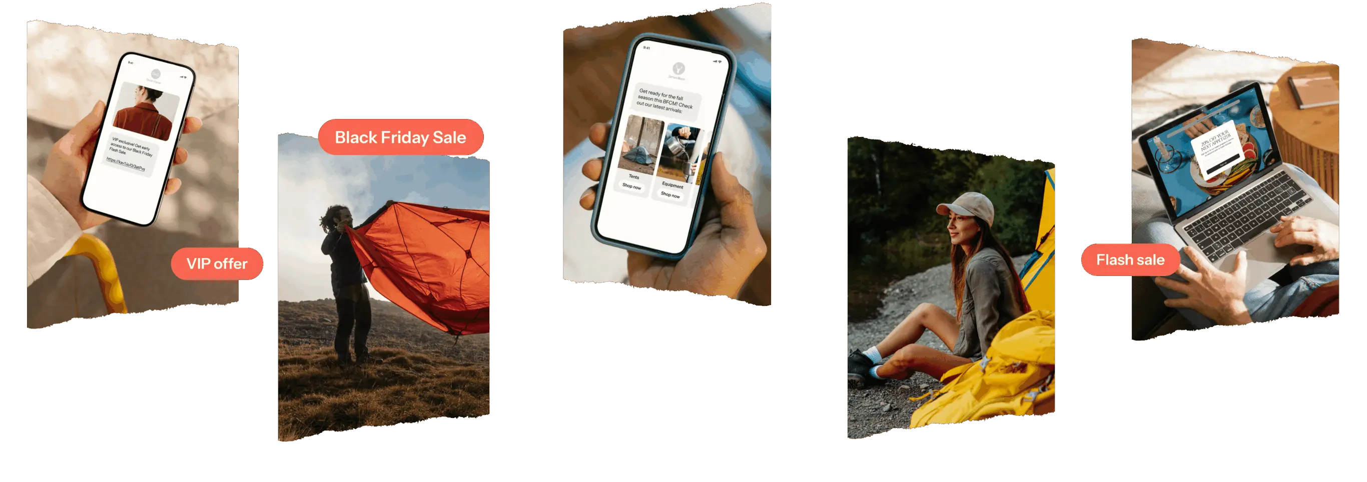 Collage of shopping promotions: VIP offer on a phone, Black Friday sale with a person holding a red kite, and a flash sale on a laptop.