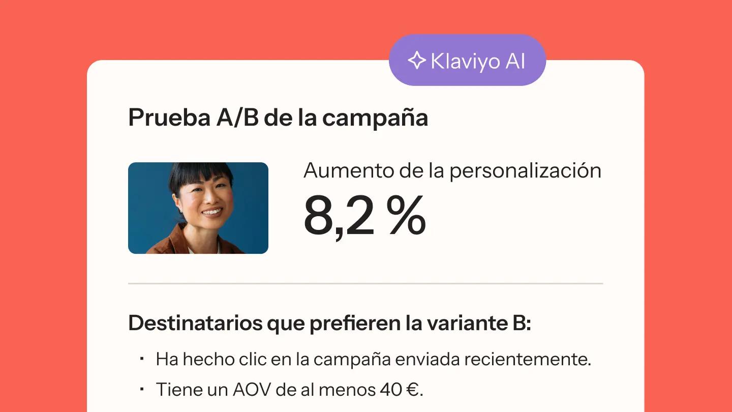 Prueba A/B de campaña con Klaviyo AI muestra un aumento de personalización del 8,2%. Incluye foto de una persona sonriente.