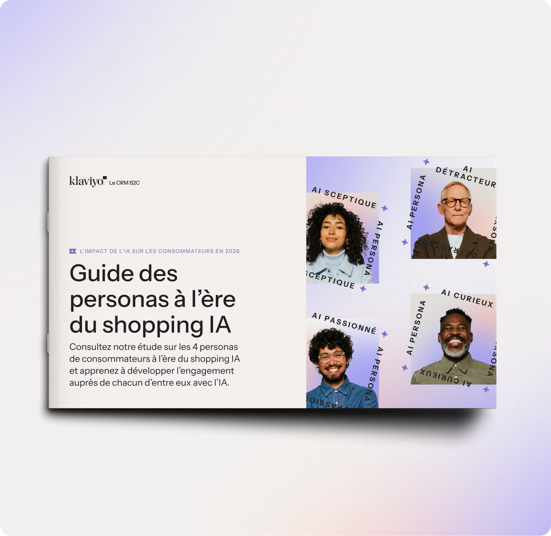 Open booklet titled "Guide des personas à l'ère du shopping IA" featuring four distinct AI persona types with photos: AI Skeptic, AI Detractor, AI Passionate, and AI Curious.