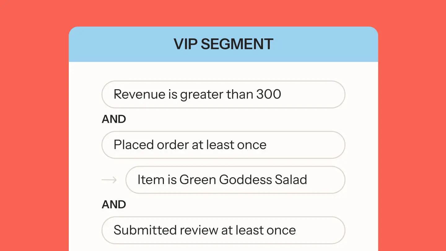 VIP segment criteria: Revenue over 300, placed order at least once, item is Green Goddess Salad, submitted review at least once.