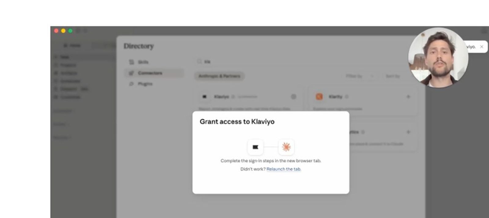 Screenshot of Claude's Connectors directory under Anthropic & Partners, with a "Grant access to Klaviyo" modal open showing the Claude and Klaviyo logos linked together, along with instructions to complete sign-in in a new browser tab.