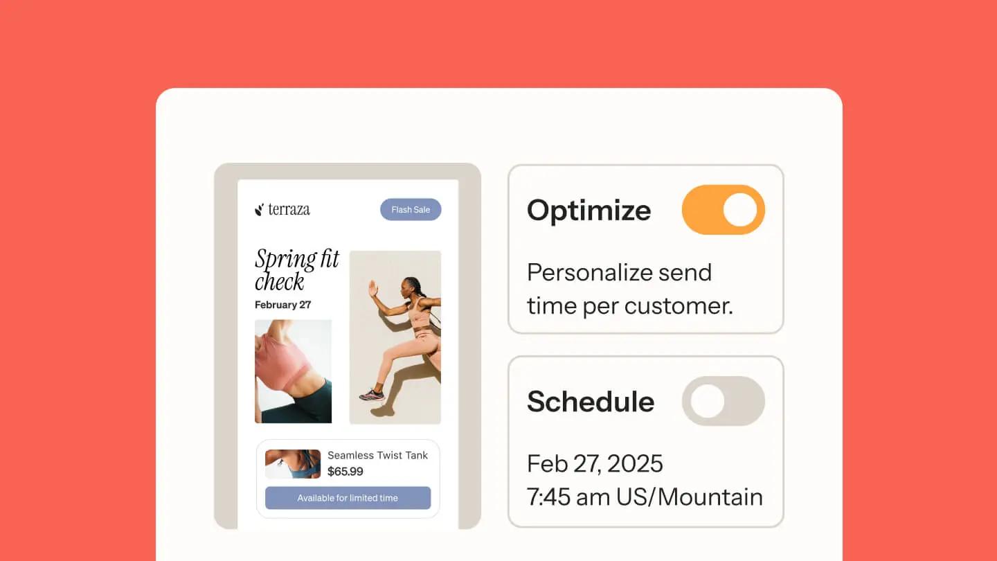 Email campaign interface for "Spring fit check" by Terraza, featuring a flash sale. Options to optimize send times and schedule for Feb 27, 2025.