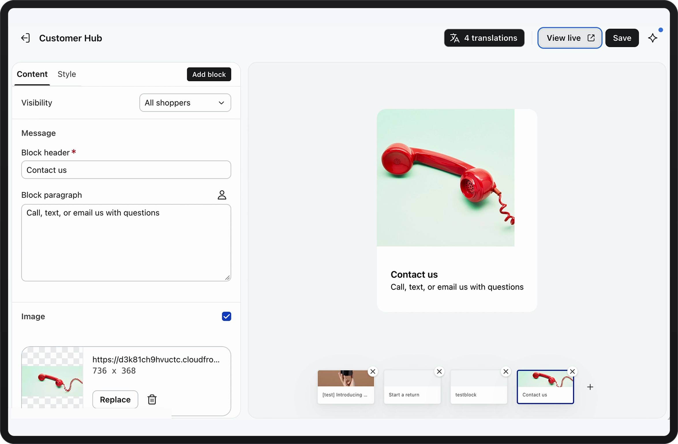 Content editor showing a 'Contact us' block featuring a red telephone receiver and its live preview.