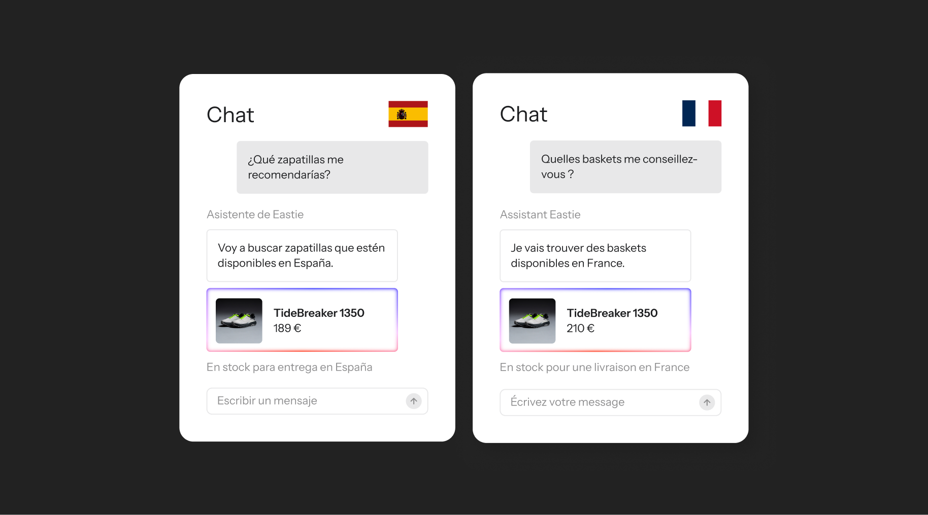 Two chat interfaces showing the same "TideBreaker 1350" shoe: one in Spanish for 189€, and one in French for 210€.