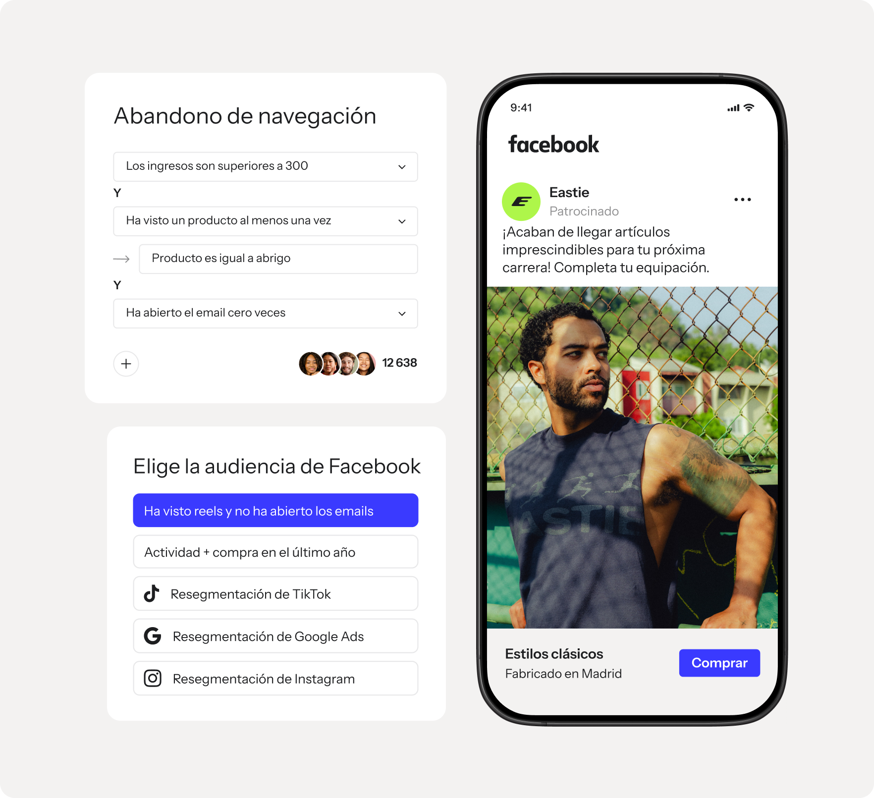 A marketing dashboard displays audience segmentation rules in Spanish, alongside a smartphone showing a Facebook ad for athletic apparel.