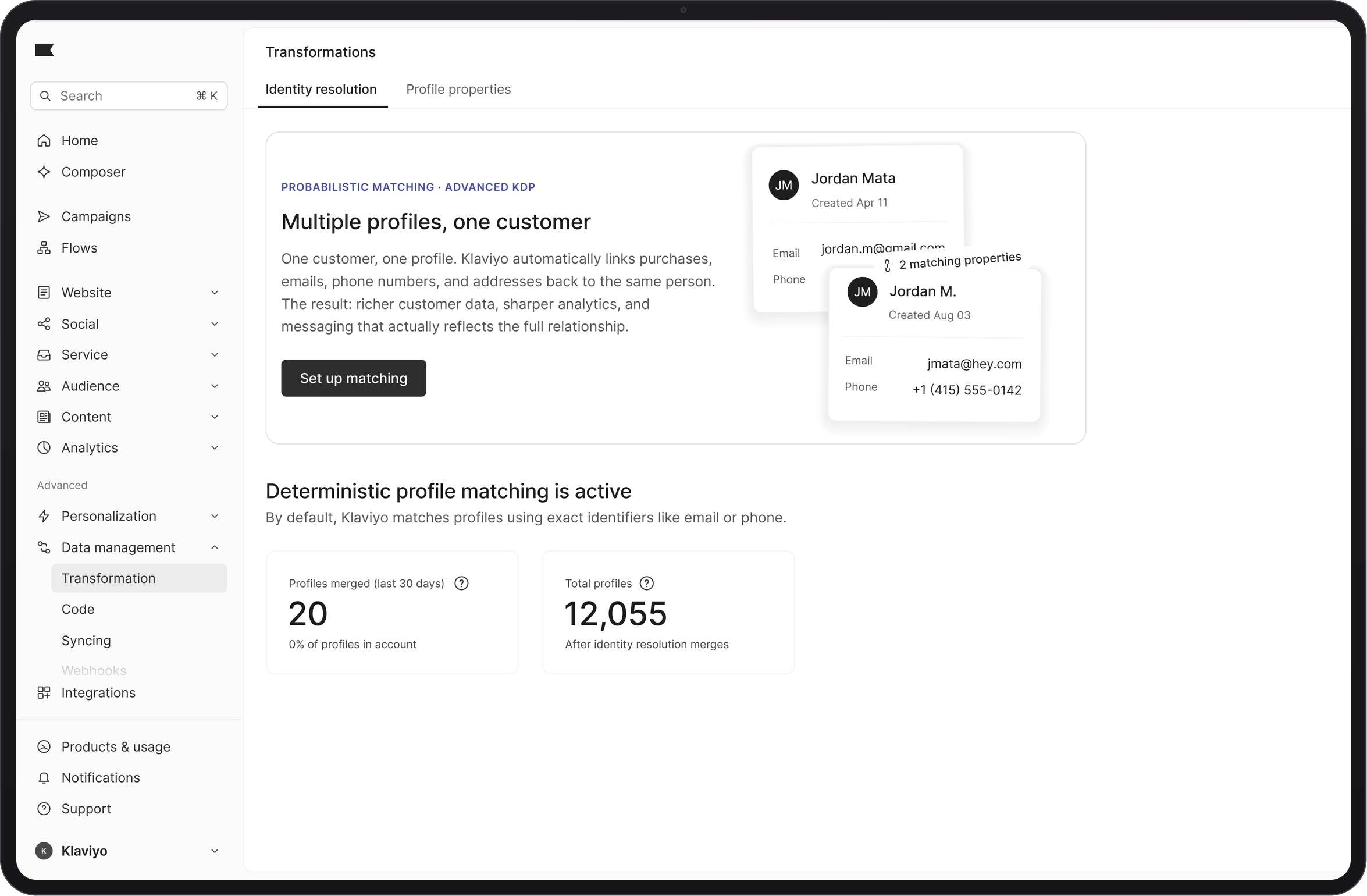 A digital dashboard displaying identity resolution features for merging multiple customer profiles and showing profile merge statistics.