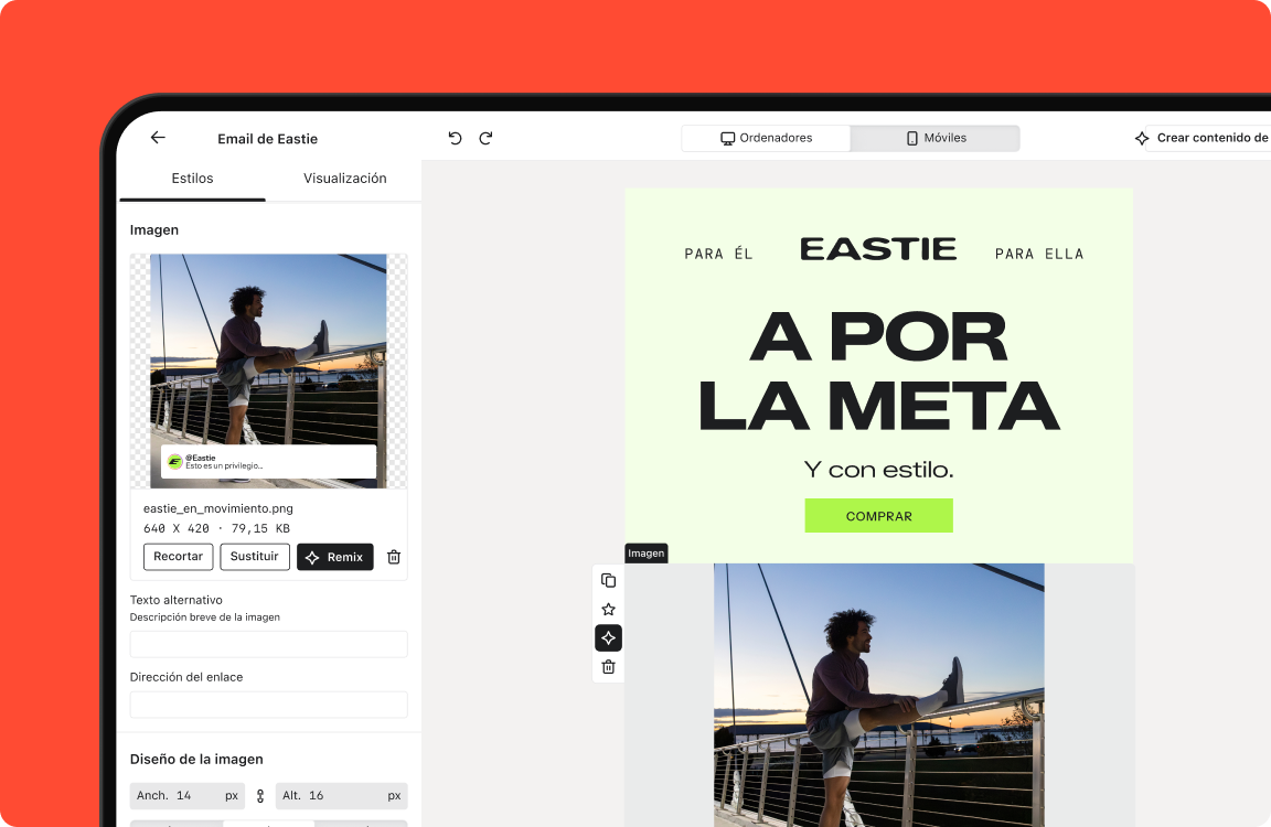 Email editor showing an image of a man stretching and promotional email content.